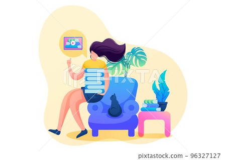 Girl at Home schooling during the pandemic, online training. Flat 2D character. Concept for web design 96327127