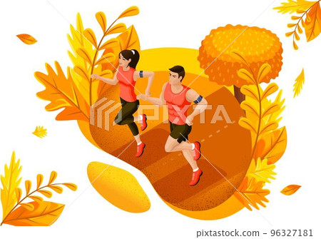 Isometric design concept autumn athletes in the park. Sportswear and equipment store. Vector illustration Isometric design concept autumn athletes in the park. Sportswear and equipment store. Vector illustration 96327181