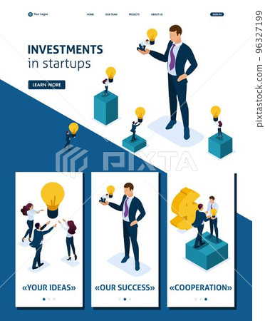 Isometric Website Template Landing page businessman offers an investment opportunity, investing in a startup, business growth. Adaptive 3D 96327199
