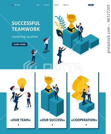 Isometric Website Template Landing page Leadership qualities. Employees rejoice in the success teamwork. Adaptive 3D 96327205