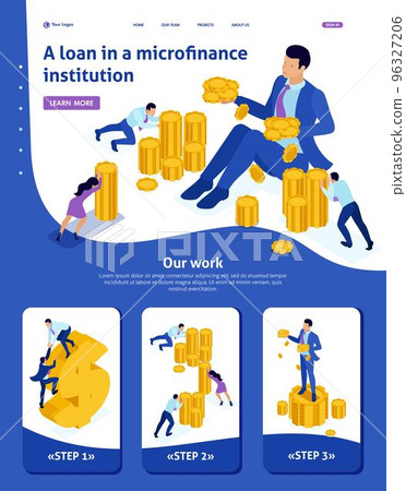 Isometric Website Template Landing page microfinance organization, big businessman holding a lot of money. Adaptive 3D 96327206