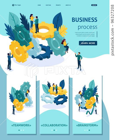 Isometric Website Template Landing page Teamwork, brainstorming, Team collaboration on the business process. Adaptive 3D 96327208