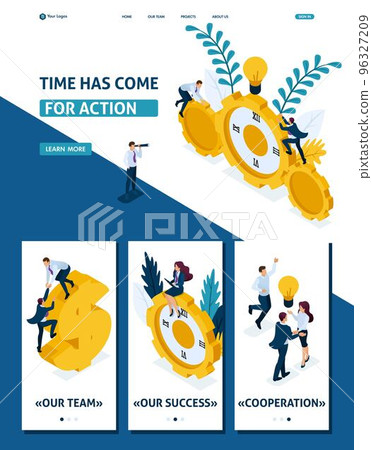 Isometric Website Template Landing page Time has come for action Businessmen climb the clock, cooperation for success. Adaptive 3D 96327209