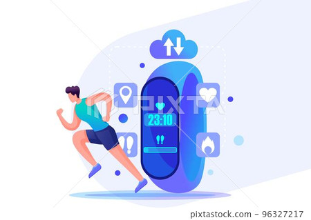 Man athlete uses a Fitness bracelet, properties and performance of the device. Flat 2D character. Concept for web design 96327217