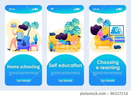 Mobile app design, template. 2D character. Home schooling, self-education, audiobooks 96327218