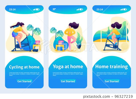 Mobile app design, template. 2D character. Home training, sports at home on simulators Mobile app design, template. 2D character. Home training, sports at home on simulators 96327219