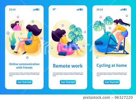 Mobile app design, template. 2D character stays at home, quarantined. Girl plays sports, works online 96327220