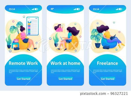 Mobile app design, template. 2D character. The girl works at a remote job, work at home 96327221