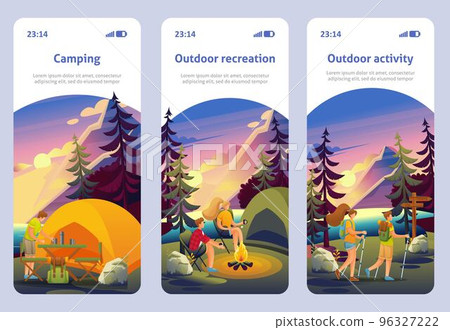 Page Template Mobile App..Active Recreation in the Forest. Choose a Suitable Vacation, Camping, Walking, Bikes around the Campfire. Flat 2D Character 96327222