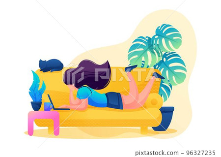Remote work, the girl works as a freelancer. Work at home. Flat 2D character. Concept for web design 96327235