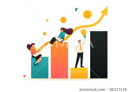 Schedule of revenue growth and achievement of goals. Girls sit on charts and work. Concept for web design 96327236