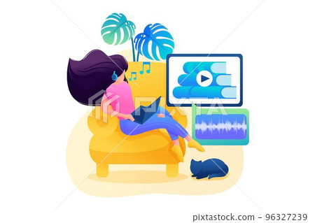 Self-study, a girl studies online, listens to a lecture on a tablet. Flat 2D character. Concept for web design 96327239