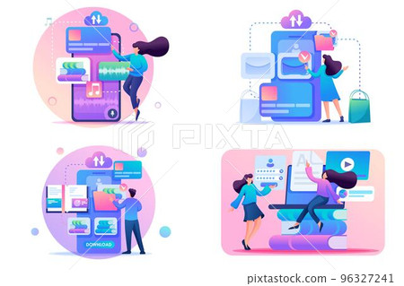 Set 2D Flat concepts Selection of books for learning and recreation through the mobile app. For Concept for web design 96327241