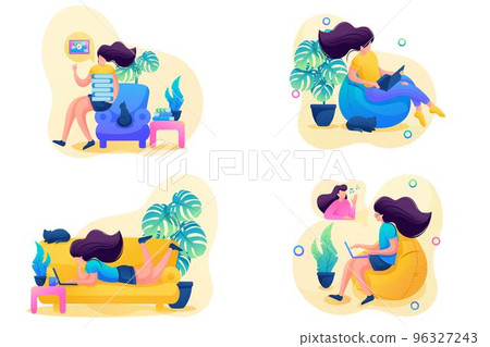 Set 2D Flat on the topic of female self-isolation, work at home, online training. For Concept for web design 96327243