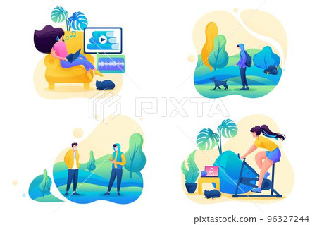 Set 2D Flat on the topic of female self-isolation, work at home, online training, sports. Concept for web design Set 2D Flat on the topic of female self-isolation, work at home, online training, sports. Concept for web design 96327244