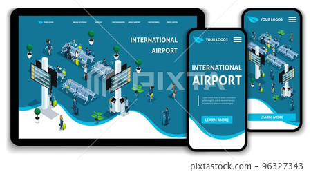 Website Template Landing page Isometric concept International Airport, Passengers in the lounge, business trip. Easy to edit and customize, adaptiive ui ux 96327343