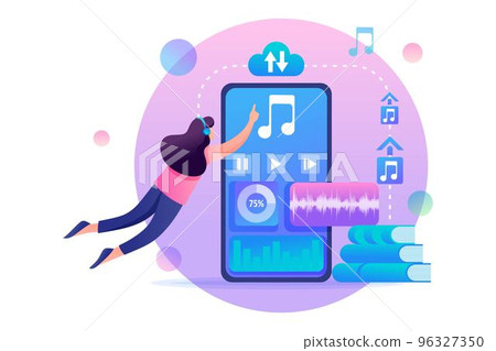 Girl listening to an audiobook online using a smartphone. Flat 2D character. Concept for web design 96327350