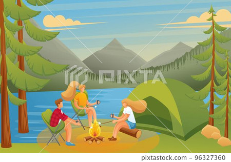 Group of young people at a camping, sitting near a fire in the woods.. Flat 2D character 96327360