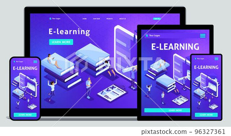 Website Template Landing page Isometric concept library, e-learning, education, media library or web archive. Easy to edit and customize, adaptiive ui ux 96327361