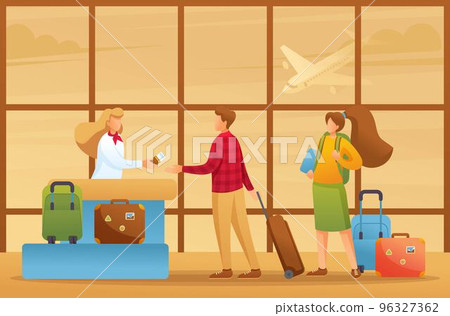 Passengers are checked in for a flight, vacation, flight to another country. Flat 2D character. Illustration concept for animation and web design 96327362