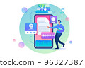 Young man enjoys his electronic library, downloaded new e-books. Flat 2D character. Concept for web design 96327387
