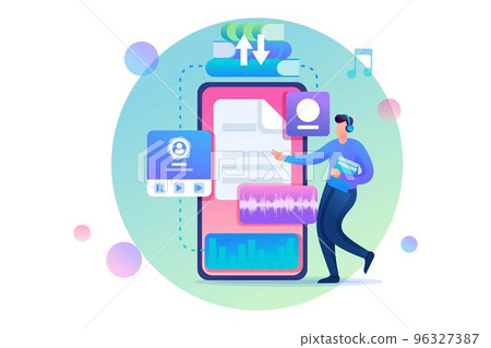 Young man enjoys his electronic library, downloaded new e-books. Flat 2D character. Concept for web design Young man enjoys his electronic library, downloaded new e-books. Flat 2D character. Concept for web design 96327387