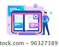 Young man studies the materials of the lessons in electronic form. Flat 2D character. Concept for web design 96327389