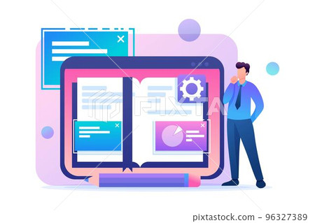 Young man studies the materials of the lessons in electronic form. Flat 2D character. Concept for web design Young man studies the materials of the lessons in electronic form. Flat 2D character. Concept for web design 96327389