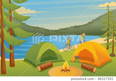 Young people actively spend holidays, Cycling, camping. Vector illustration. Flat 2D character Young people actively spend holidays, Cycling, camping. Vector illustration. Flat 2D character 96327391