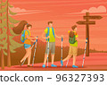 Young people actively spend holidays, Nordic walking in the forest at sunset. Vector illustration. Flat 2D character 96327393
