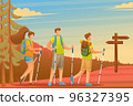 Young people actively spend holidays, Nordic walking in the woods. Flat 2D character. Concept for web design 96327395