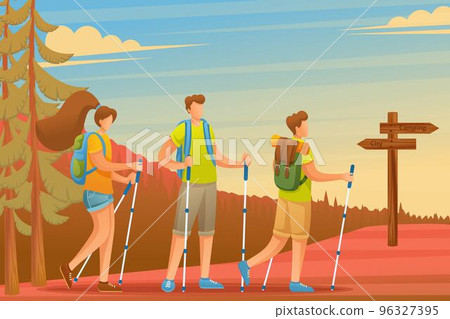 Young people actively spend holidays, Nordic walking in the woods. Flat 2D character. Concept for web design 96327395