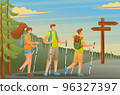 Young people actively spend holidays, Nordic walking in the woods. Vector illustration. Flat 2D character 96327397