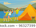 Young people actively spend their holidays in the forest, setting up a tent on the lake. Vector illustration. Flat 2D character 96327399