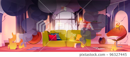 House room in fire. Flame and black smoke clouds 96327445