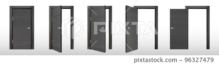 Realistic set of open and closed black wooden door Realistic set of open and closed black wooden door 96327479