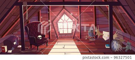 Old house attic with vintage furniture, dust Old house attic with vintage furniture, dust 96327501