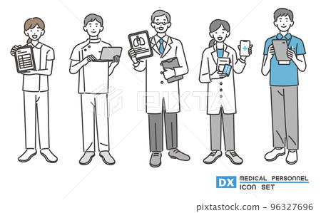 Vector illustration material of welfare and medical workers holding tablets and personal computers with DX promotion / doctor / nurse Vector illustration material of welfare and medical workers holding tablets and personal computers with DX promotion / doctor / nurse 96327696
