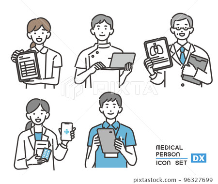 手持平板電腦和個人電腦的福利和醫務工作者的矢量插圖素材，帶有 DX 推廣/醫生/護士 96327699