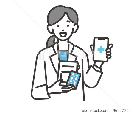 Vector illustration material of a pharmacist who recommends digitizing medicine notebooks by promoting DX / doctor / nurse Vector illustration material of a pharmacist who recommends digitizing medicine notebooks by promoting DX / doctor / nurse 96327703