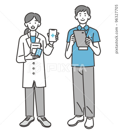 Vector illustration material of pharmacists, welfare and medical workers who explain with smartphones in DX promotion / doctor / nursing 96327705