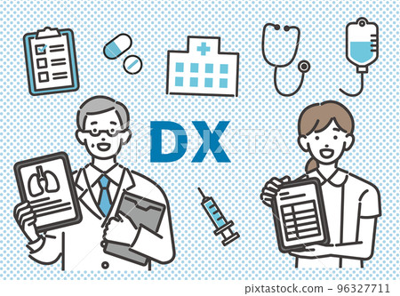 手持平板電腦和個人電腦的福利和醫務工作者的矢量插圖素材,帶有 DX 推廣/醫生/護士 手持平板電腦和個人電腦的福利和醫務工作者的矢量插圖素材,帶有 DX 推廣/醫生/護士 96327711