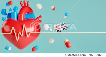 3d rendering heart and medication drugs with ambulance on electrocardiogram graph. Concept medical and healthcare illustration. 3d rendering heart and medication drugs with ambulance on electrocardiogram graph. Concept medical and healthcare illustration. 96328026
