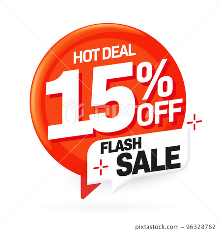 15 percent off flash sale sticker label. Hot deal with price discount promotion. Flash sale design element for website or social media vector illustration isolated on white background 96328762