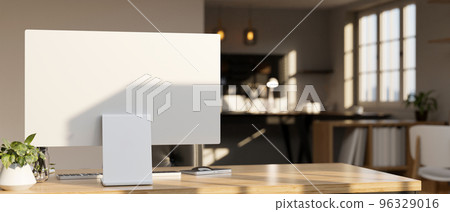 Modern urban office workspace design with PC computer and decor on wood table Modern urban office workspace design with PC computer and decor on wood table 96329016