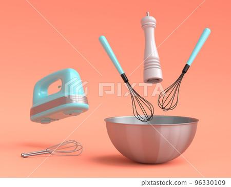 Metal bowl with electric mixer and cookie cutters on coral background 96330109
