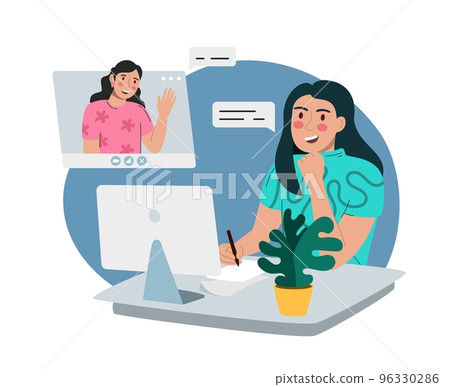 Virtual remote work. Windows with office colleagues. Online remote video conference call. Video conference. Vector illustration is flat isolated on a white background. Virtual remote work. Windows with office colleagues. Online remote video conference call. Video conference. Vector illustration is flat isolated on a white background. 96330286