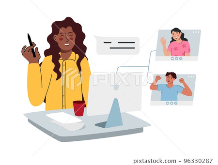 Virtual remote work. Windows with office colleagues. Online remote video conference call. Video conference. Vector illustration is flat isolated on a white background. 96330287