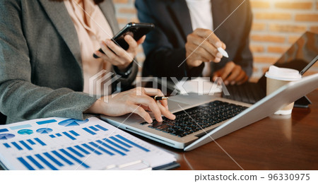 Team business meeting presentation. Hand businessman working project in modern office. 96330975