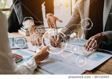 Working team meeting concept, business using laptop and smart phone and digital tablet computer with digital marketing media  in virtual icon 96330985